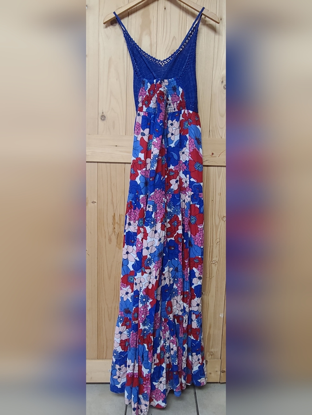 Tori Richard Bohemian Floral Maxi Dress with Royal Blue Crochet Bodice - Picture 5 of 12